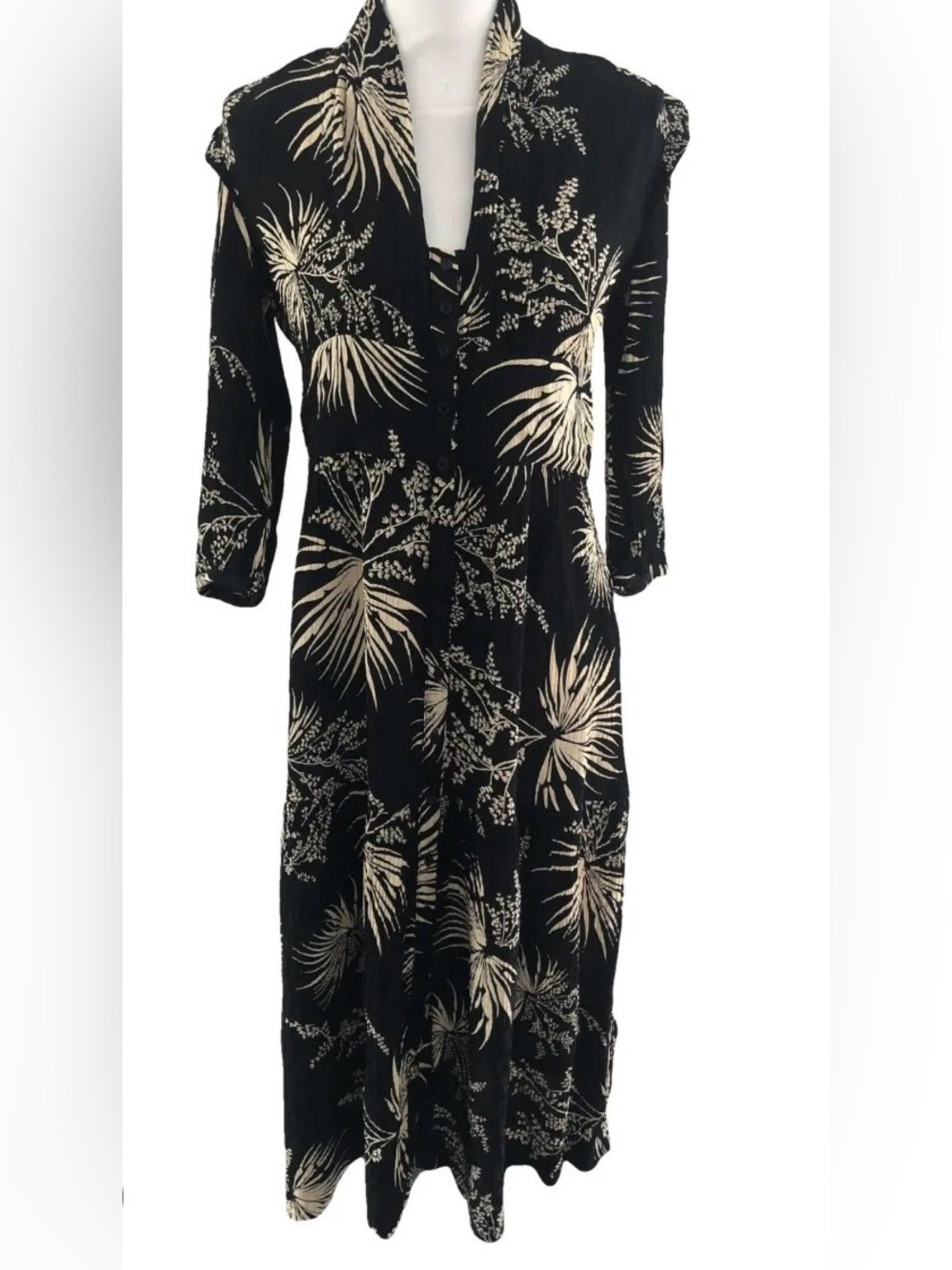 ba&sh Eleanor Robe Black and Cream Floral Button Midi Dress